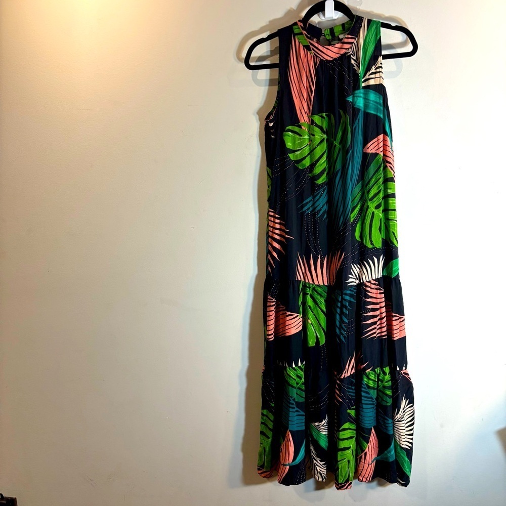 VERTICHE Sz XL Tropical Print Sleeveless Tiered Maxi High Neck Dress NEW